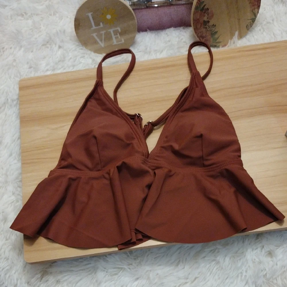Brown Peplum Strappy Back Bikini Top Size Small 🆕